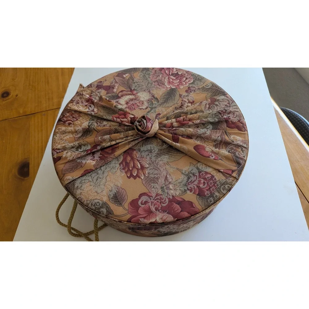 Raymond Waites Once Upon a Rose Floral Tapestry Round Storage Hat Box Gold Cord